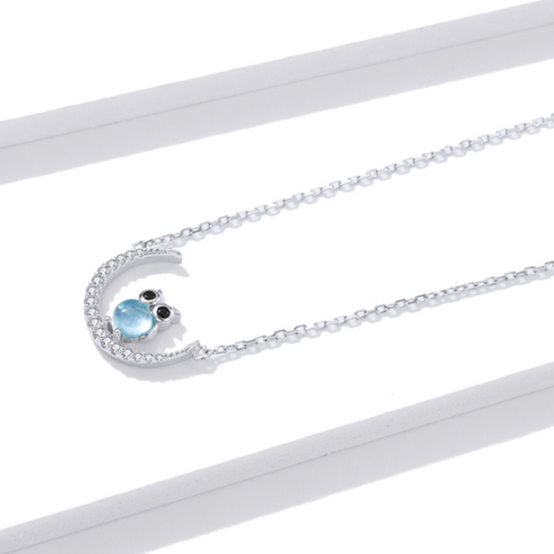 Blue Glass Moon Owl Necklace