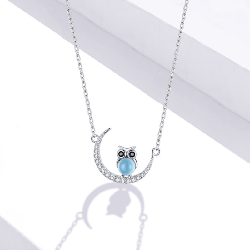 Blue Glass Moon Owl Necklace