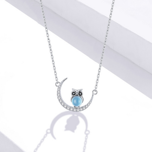 Blue Glass Moon Owl Necklace