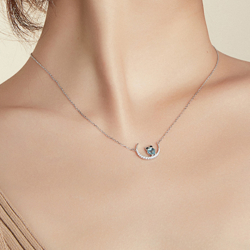 Blue Glass Moon Owl Necklace