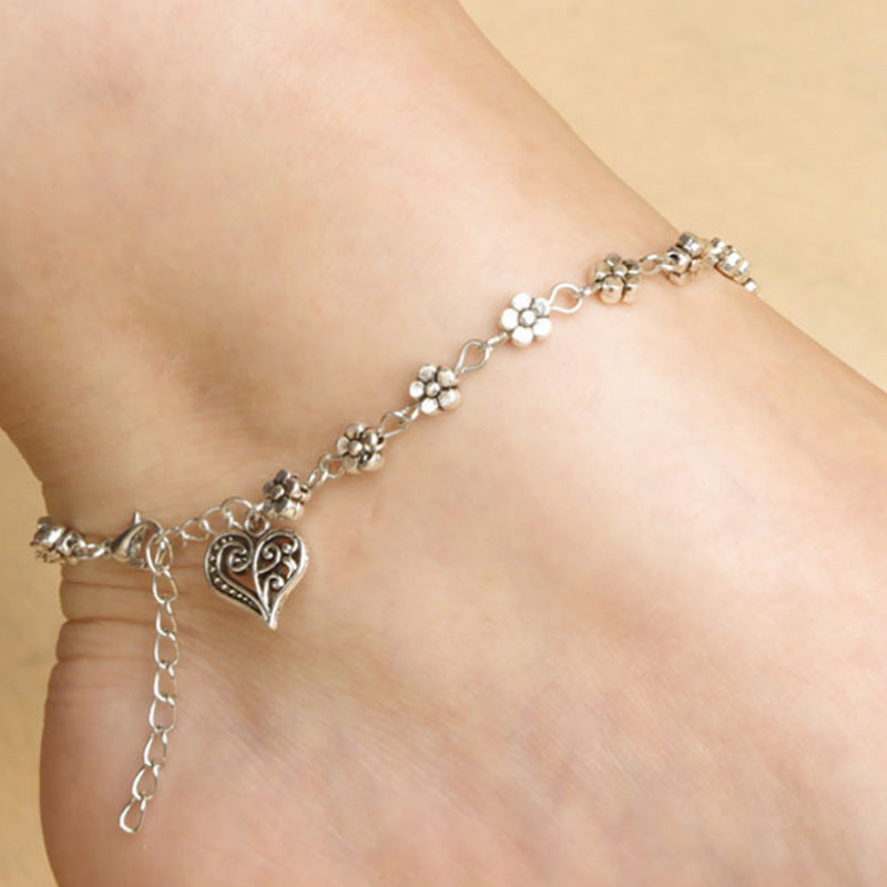 Silver Hollow Plum Blossom Heart-shaped Anklet