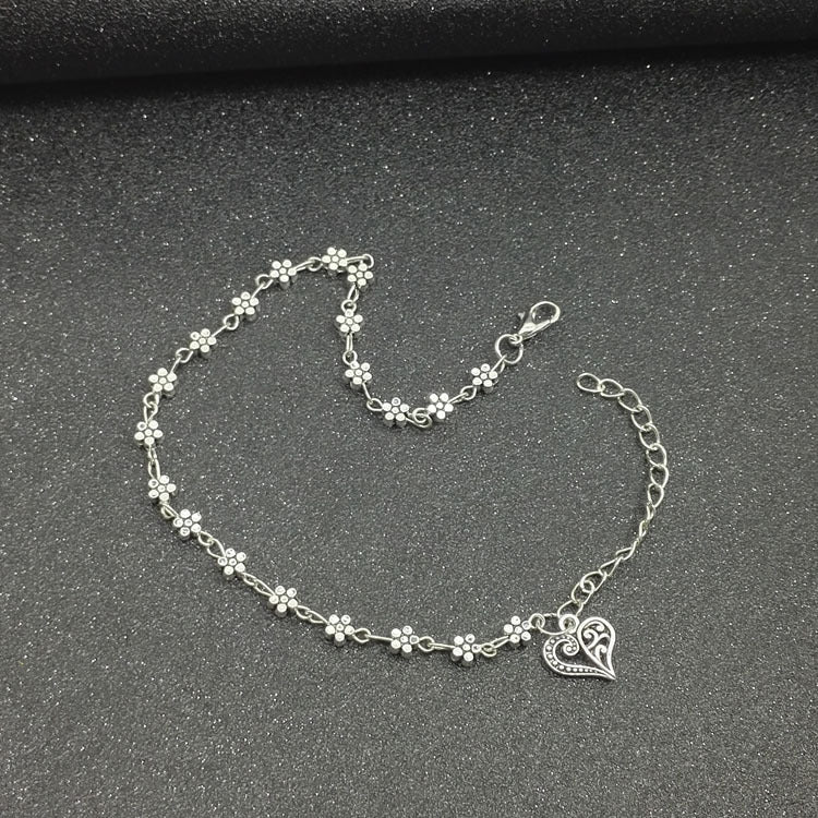 Silver Hollow Plum Blossom Heart-shaped Anklet