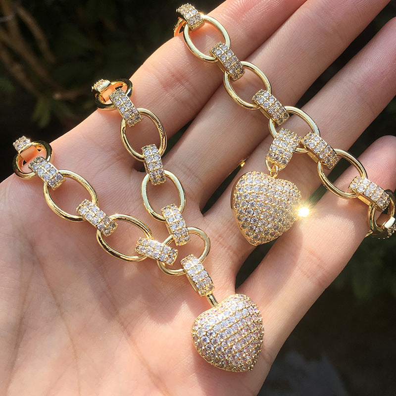 Micro Inlaid Heart-Shaped Necklace - Bracelet Set - Kaldas Online Shopping