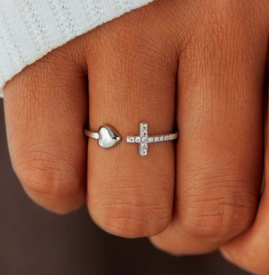 S925 Sterling Silver Heart Cross Open Ring - Kaldas Online Shopping
