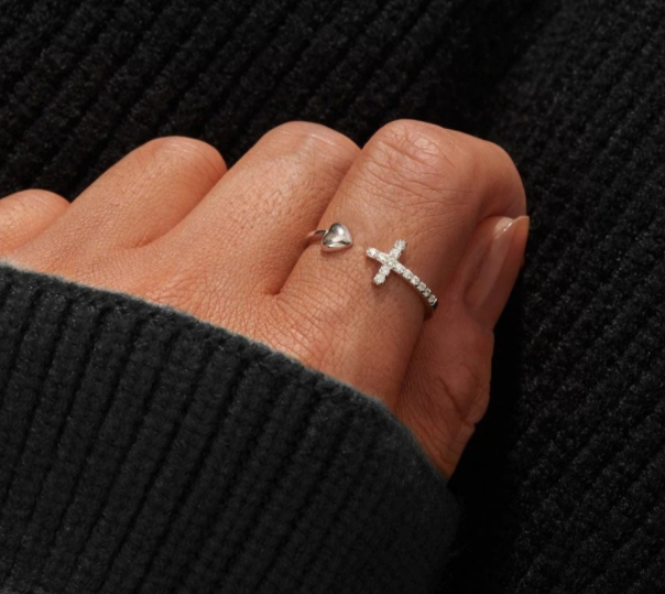 S925 Sterling Silver Heart Cross Open Ring - Kaldas Online Shopping