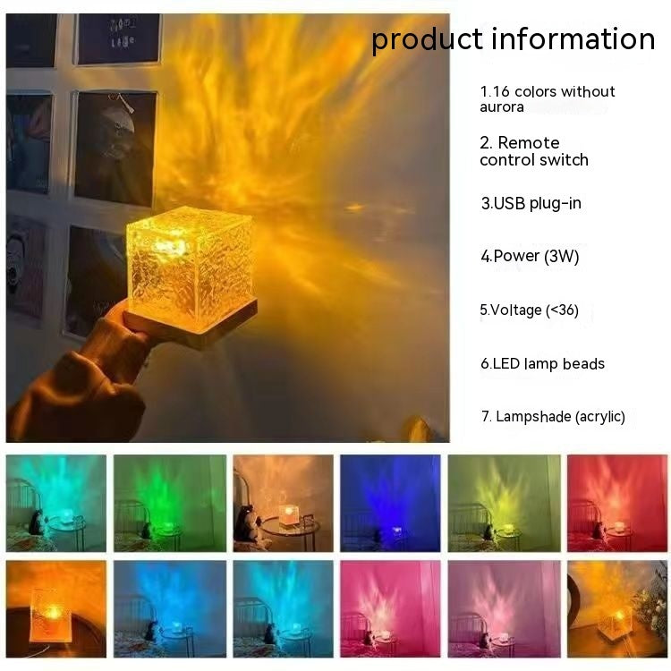 16-Color LED Water Ripple Crystal Table Lamp: USB Rotating Projection & RGB Dimmable Night Light