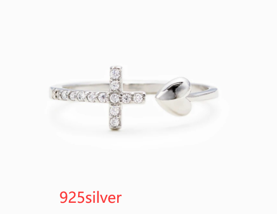 S925 Sterling Silver Heart Cross Open Ring - Kaldas Online Shopping