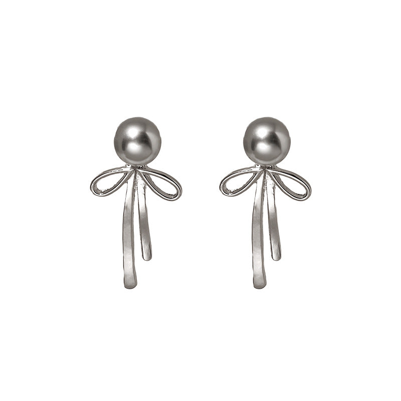 Silver Bow Pearl Earrings
