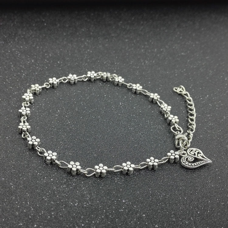 Silver Hollow Plum Blossom Heart-shaped Anklet