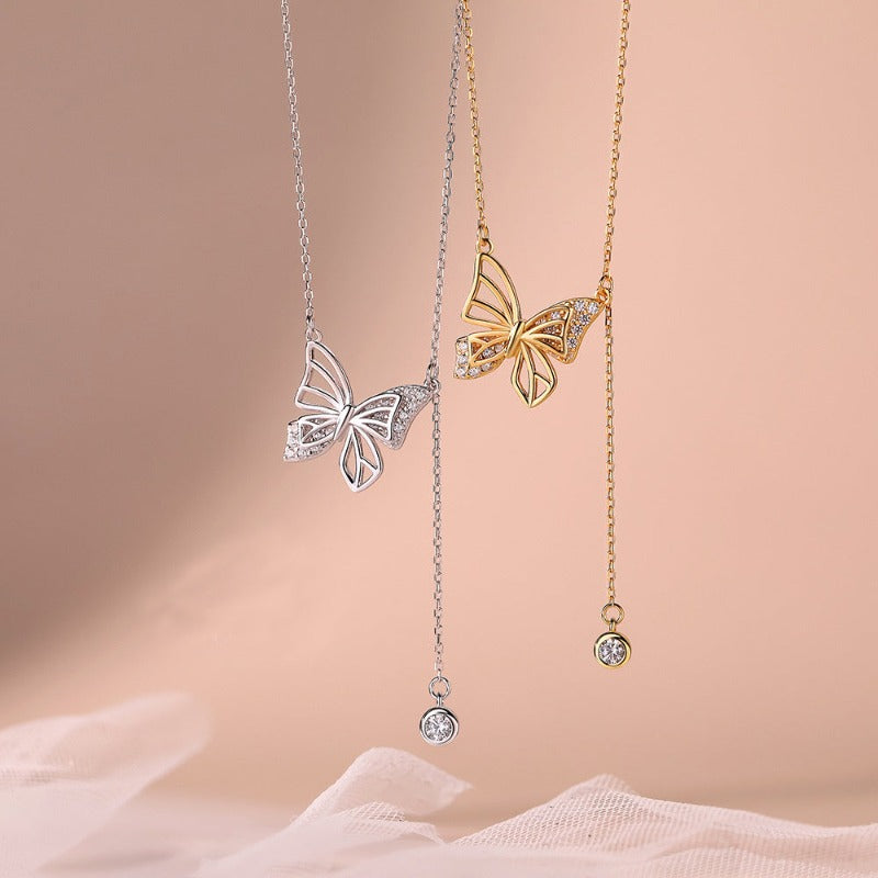 S925 Silver Hollow Butterfly Rhinestone Necklace