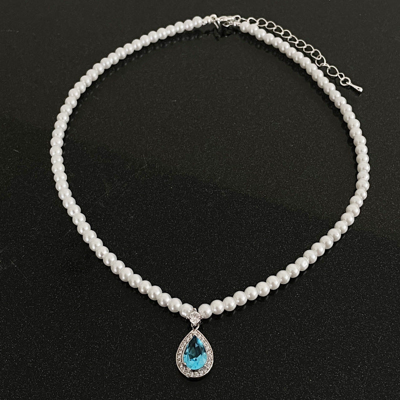 Alloy Blue Zircon Water Drop Pearl Necklace