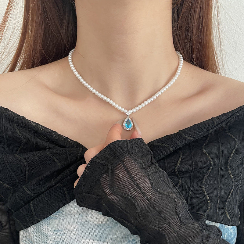 Alloy Blue Zircon Water Drop Pearl Necklace