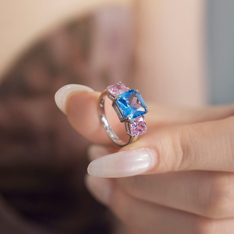 S925 Silver Square Blue Inlaid Ring