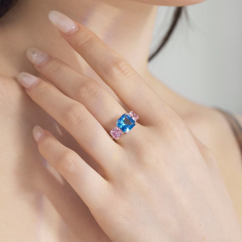 S925 Silver Square Blue Inlaid Ring