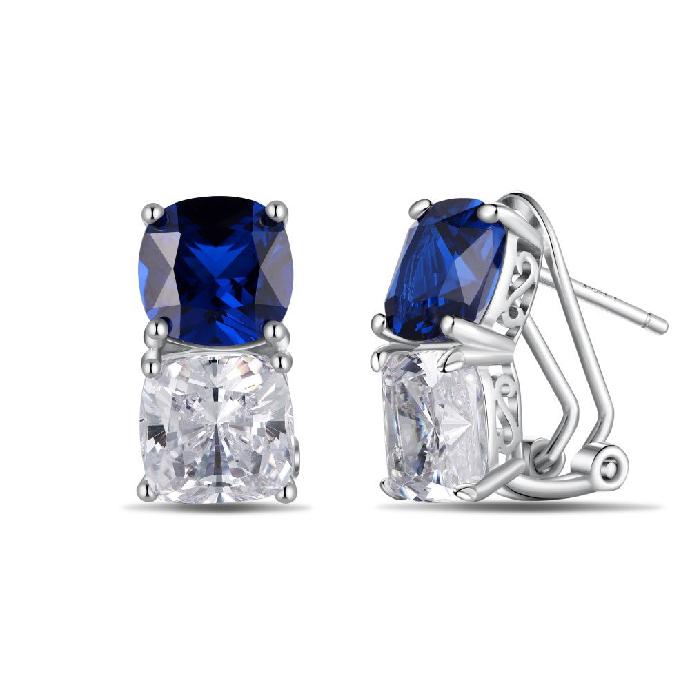 S925 Silver Square White and Blue Zircon Earrings
