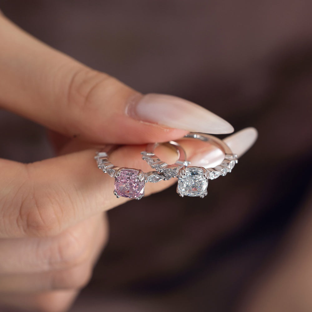 S925 Silver Square Ice Flower Cut Zircon Slim Ring