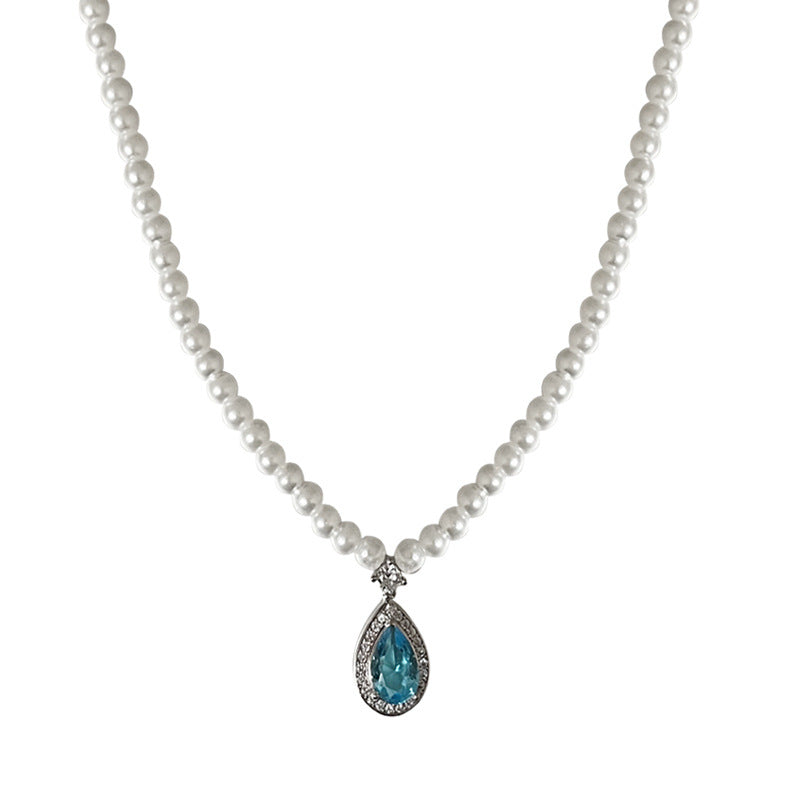 Alloy Blue Zircon Water Drop Pearl Necklace