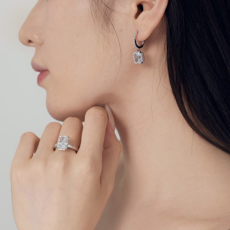 S925 Silver Rectangular Ice Flower Cut Zircon Ring