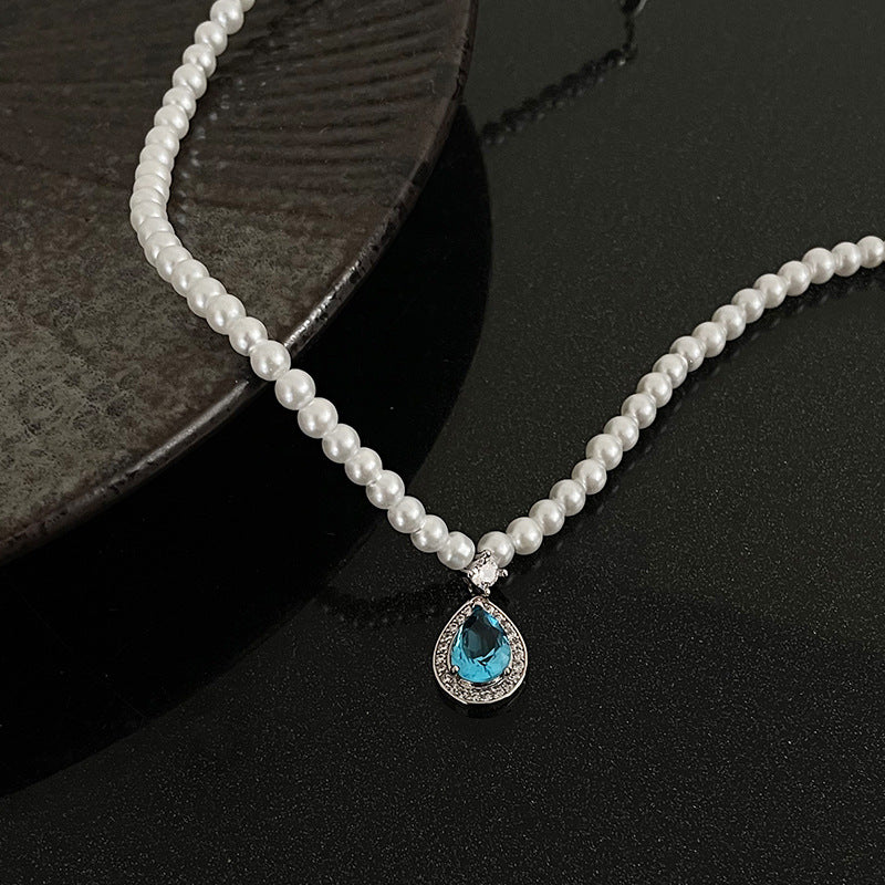 Alloy Blue Zircon Water Drop Pearl Necklace