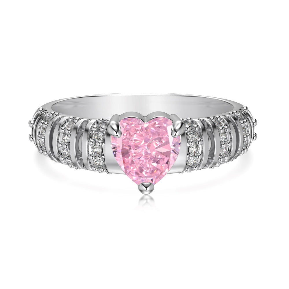 S925 Silver Heart-shaped Hollow Ring with Ice Flower Cut Zircon