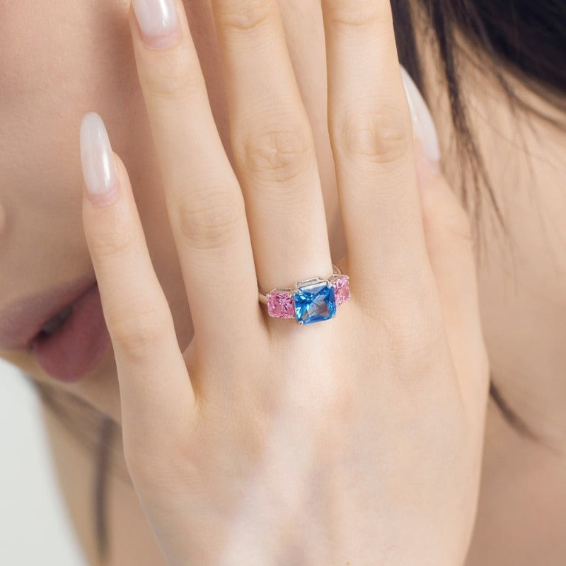 S925 Silver Square Blue Inlaid Ring