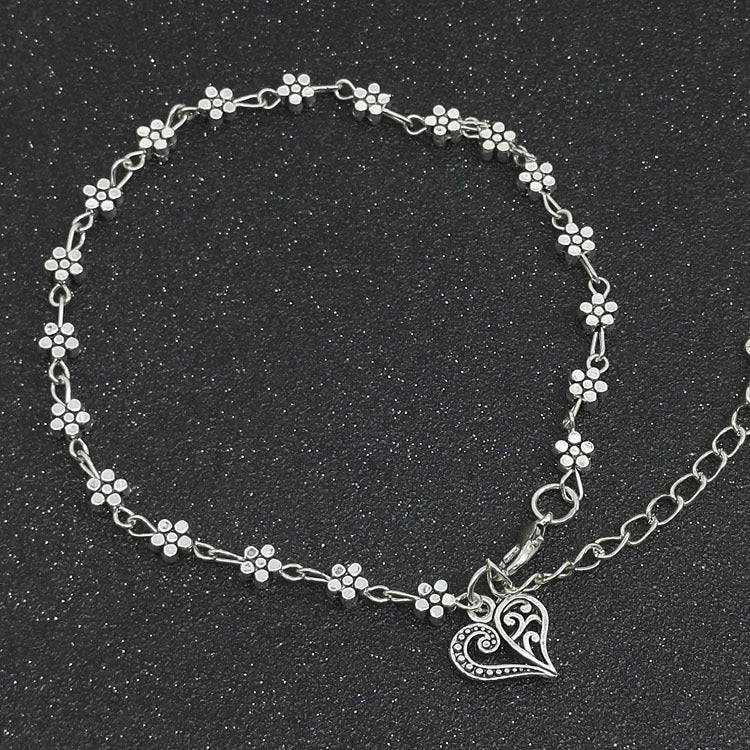 Silver Hollow Plum Blossom Heart-shaped Anklet
