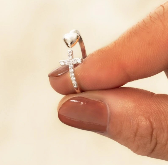 S925 Sterling Silver Heart Cross Open Ring - Kaldas Online Shopping
