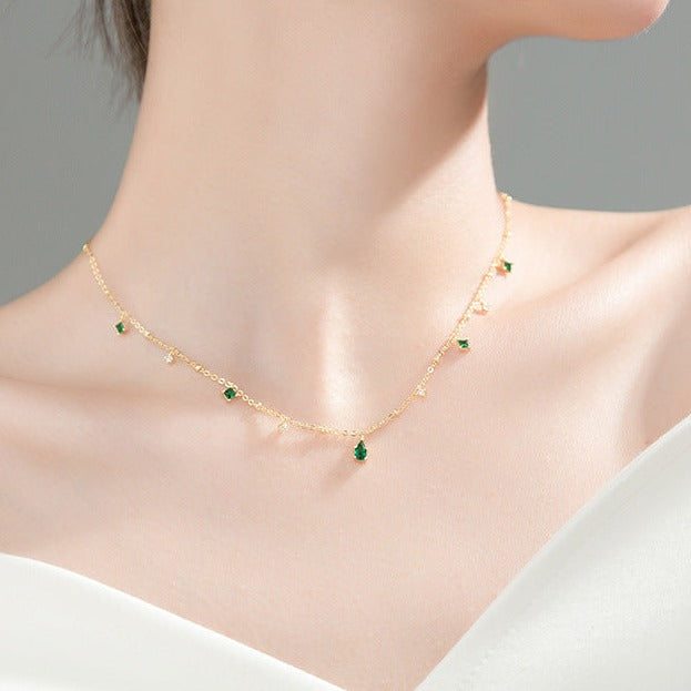 Square Green Water Drop S925 Silver Necklace