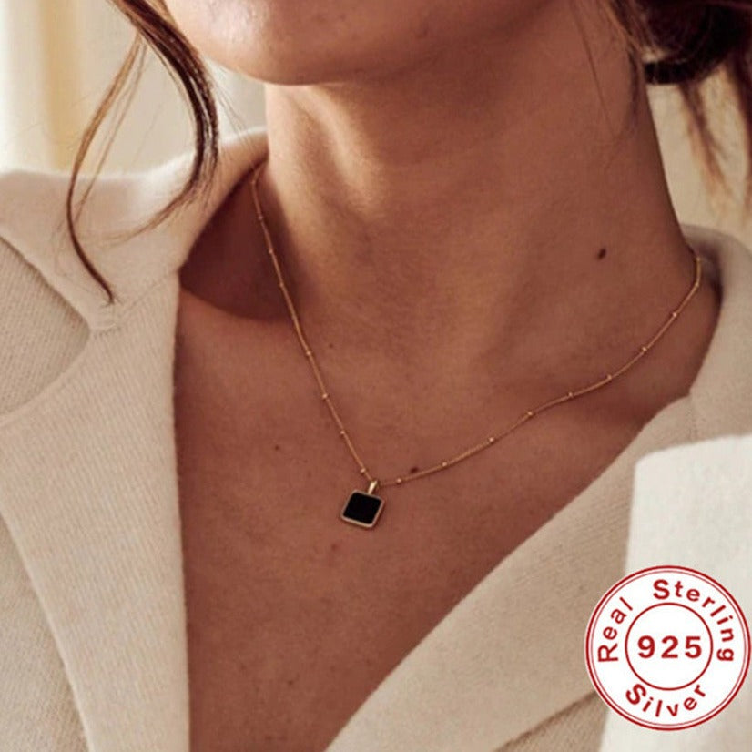 Sterling Silver Square Natural Stone Necklace