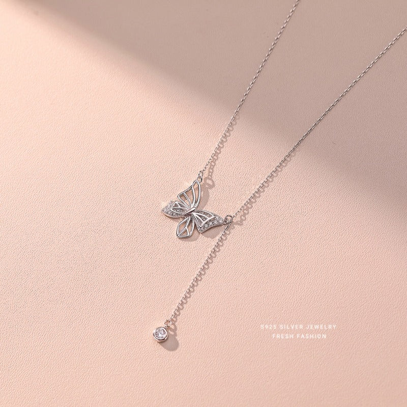 S925 Silver Hollow Butterfly Rhinestone Necklace