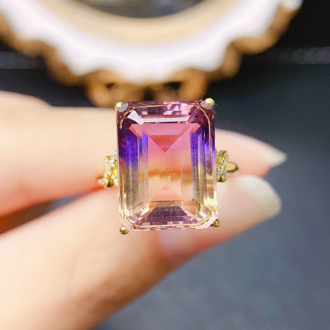 S925 Silver Inlaid Natural Ametrine Ring