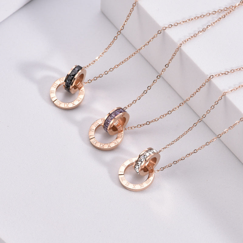 Rhinestone Titanium Steel Roman Numeral Necklace