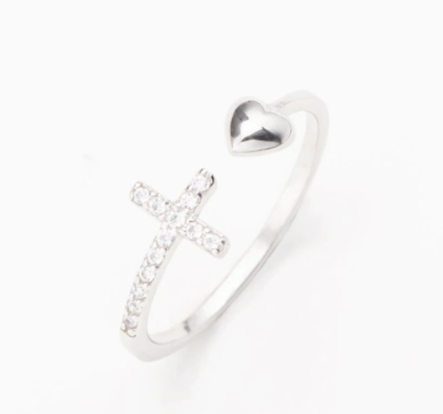 S925 Sterling Silver Heart Cross Open Ring - Kaldas Online Shopping