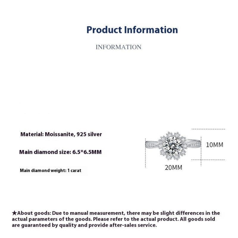 Product information card for a diamond ring named 'Snow Queen' in white gold with moissanite and 925 silver.