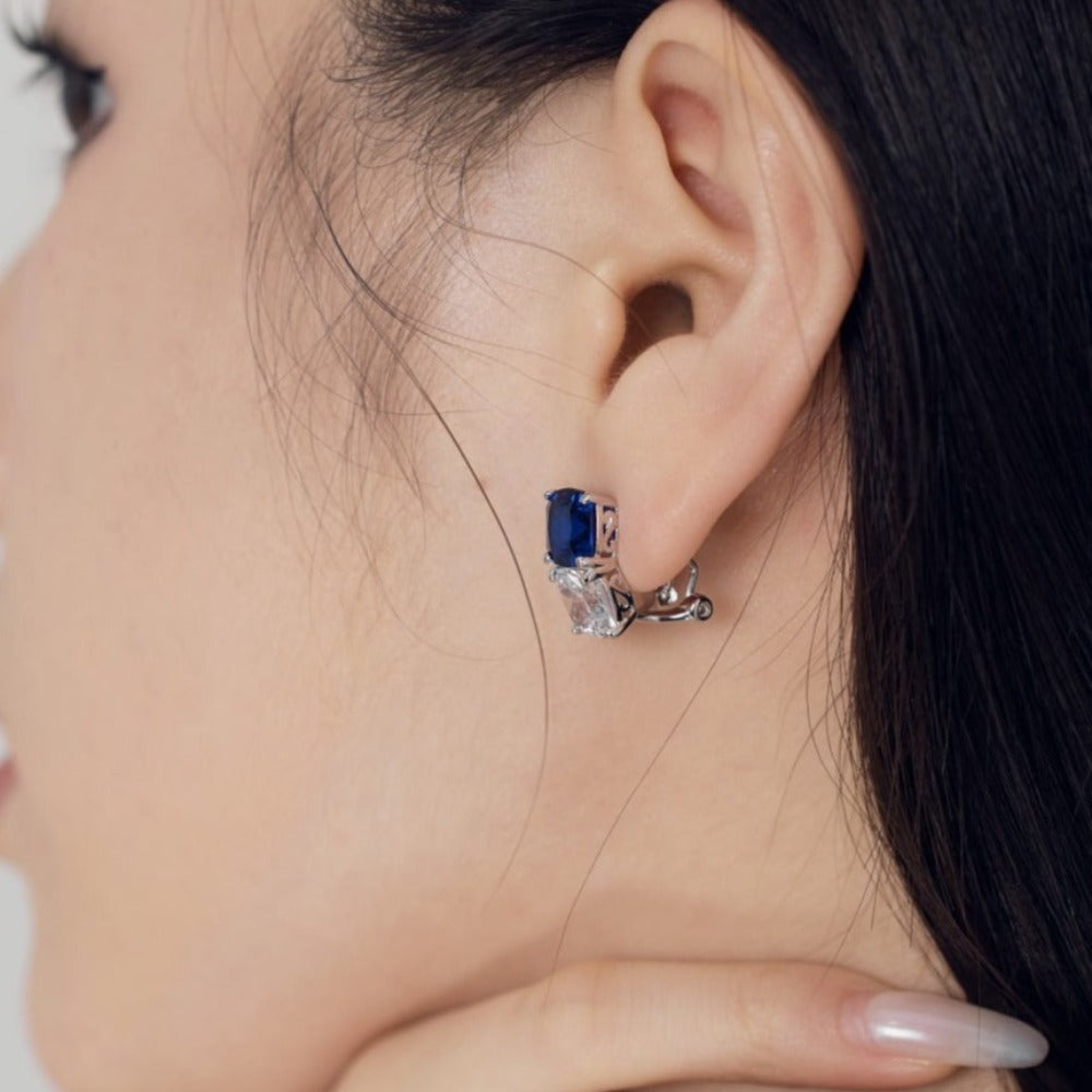 S925 Silver Square White and Blue Zircon Earrings