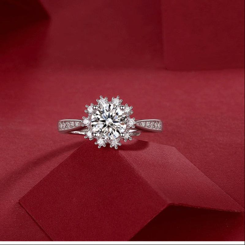 Diamond ring on a red fabric background