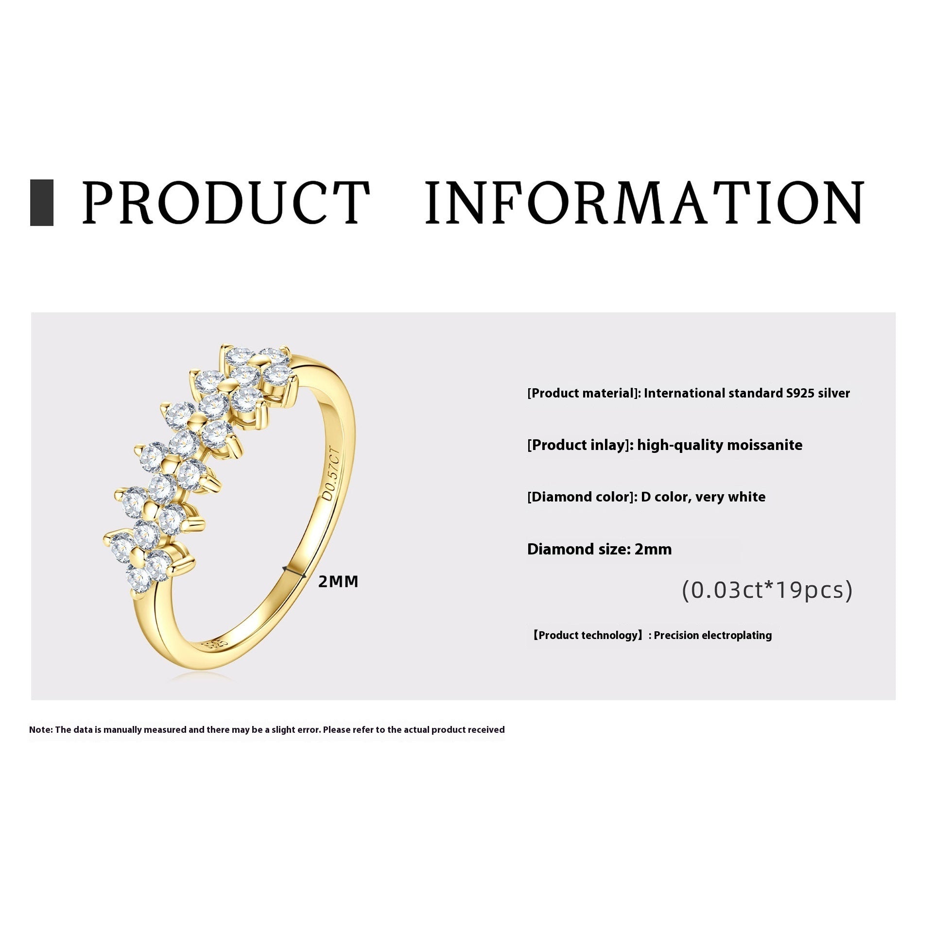 Gold ring with diamond inlay on a product information card