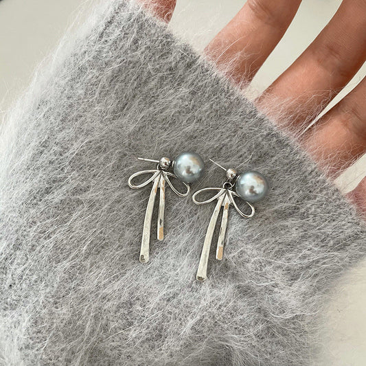 Silver Bow Pearl Earrings
