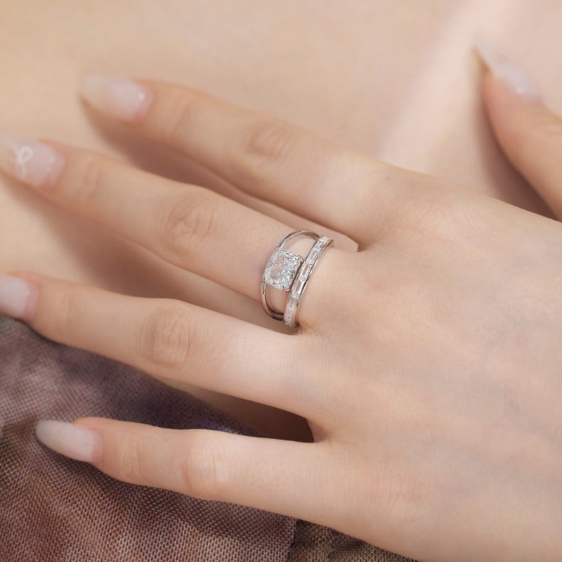 S925 Silver Double-layer Rectangular Zircon Ring