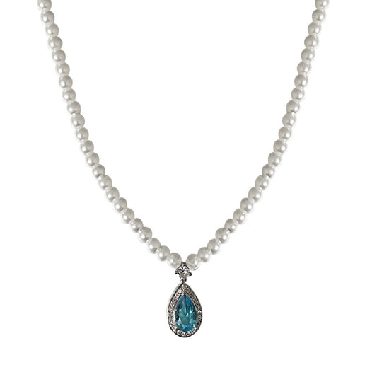 Alloy Blue Zircon Water Drop Pearl Necklace
