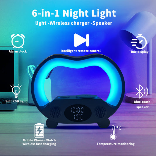 Smart LED Table Lamp:6-in-1 Bluetooth Speaker, Wireless Charger & Remote-Control Night Light
