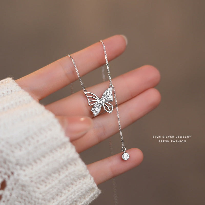 S925 Silver Hollow Butterfly Rhinestone Necklace