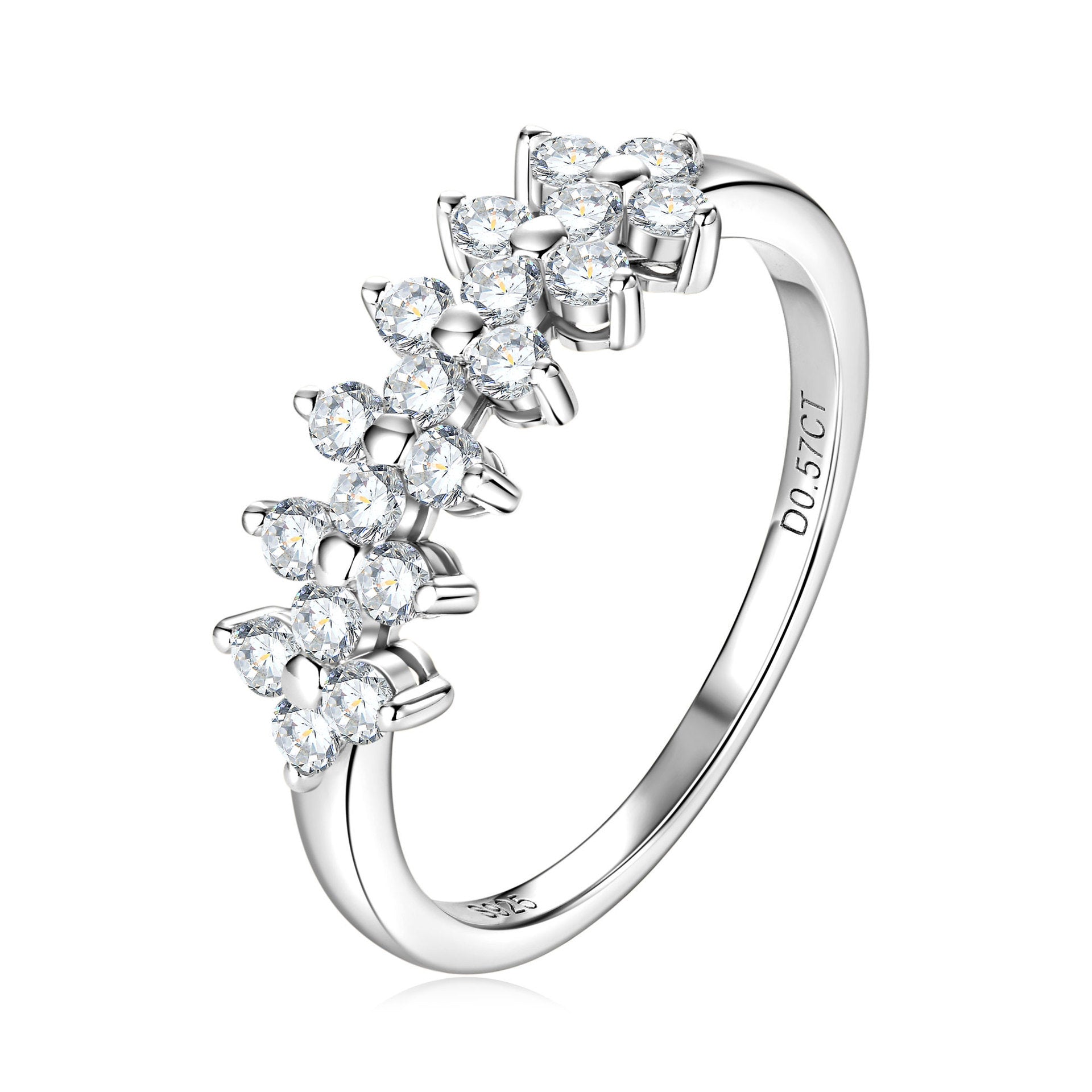 Silver ring with heart-shaped gemstones on a white background