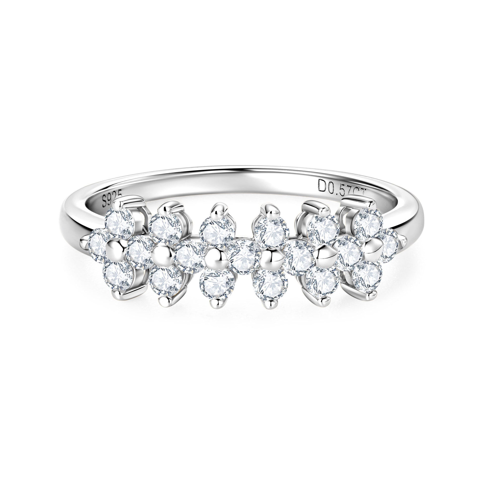 Silver ring with diamond accents on a white background